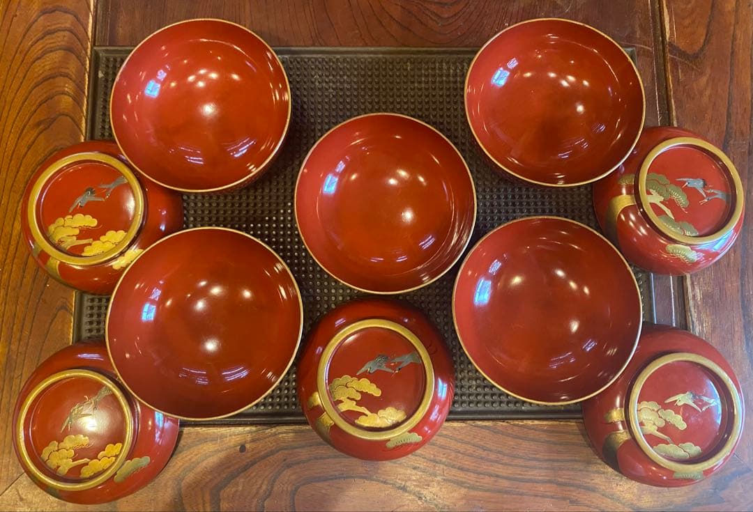 明治期　山中漆器　蒔絵鶴松　箱付5客 古和紙・和歌季語集付き ヴィンテージレア