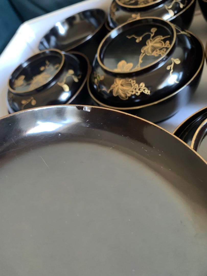 輪島塗　沈金　華の絵　天然木　お碗　蓋付　10客セット　漆器