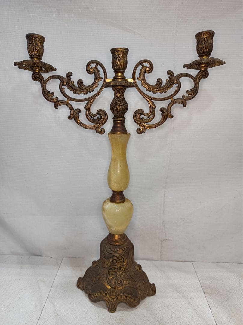 [八6564] 真鍮製　大理石 燭台 キャンドルスタンド