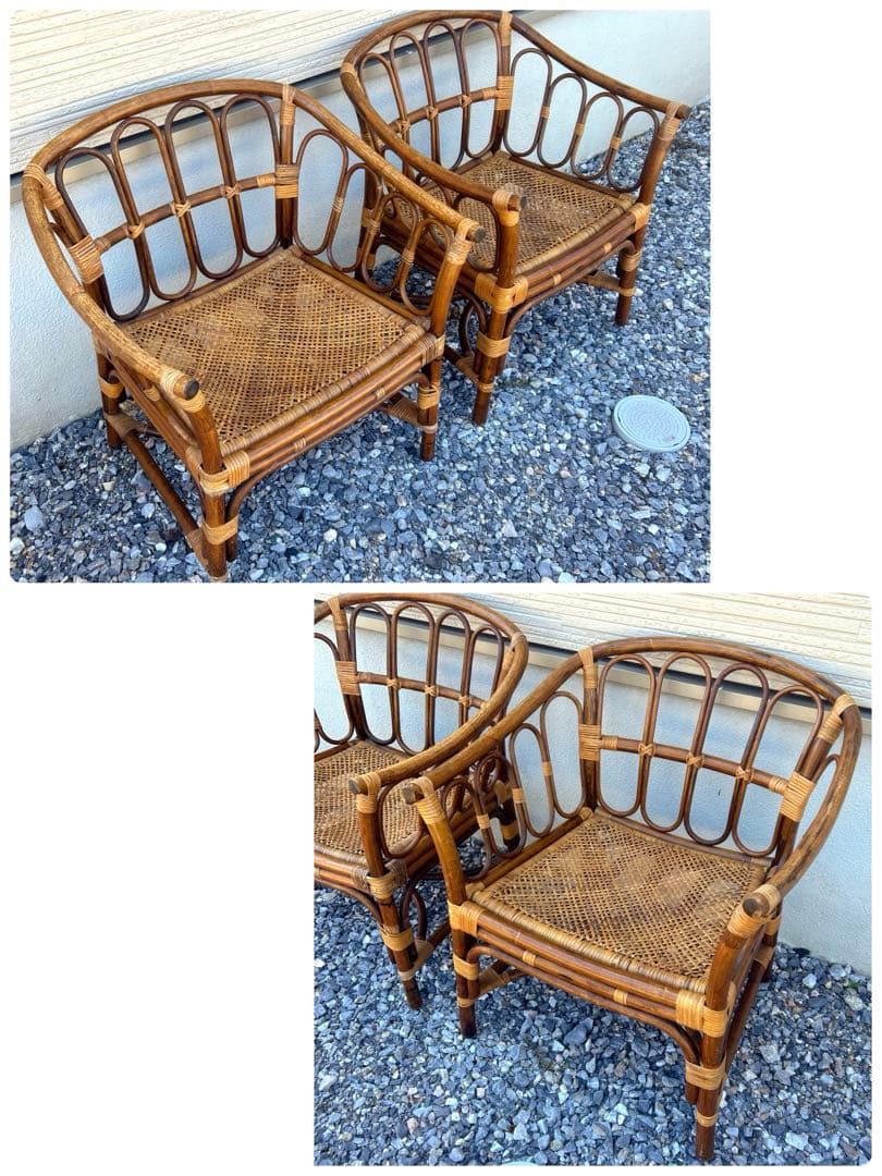 【引取限定】 マルニ ラタン 4点セット ガラステーブル 椅子 ２人掛けソファ