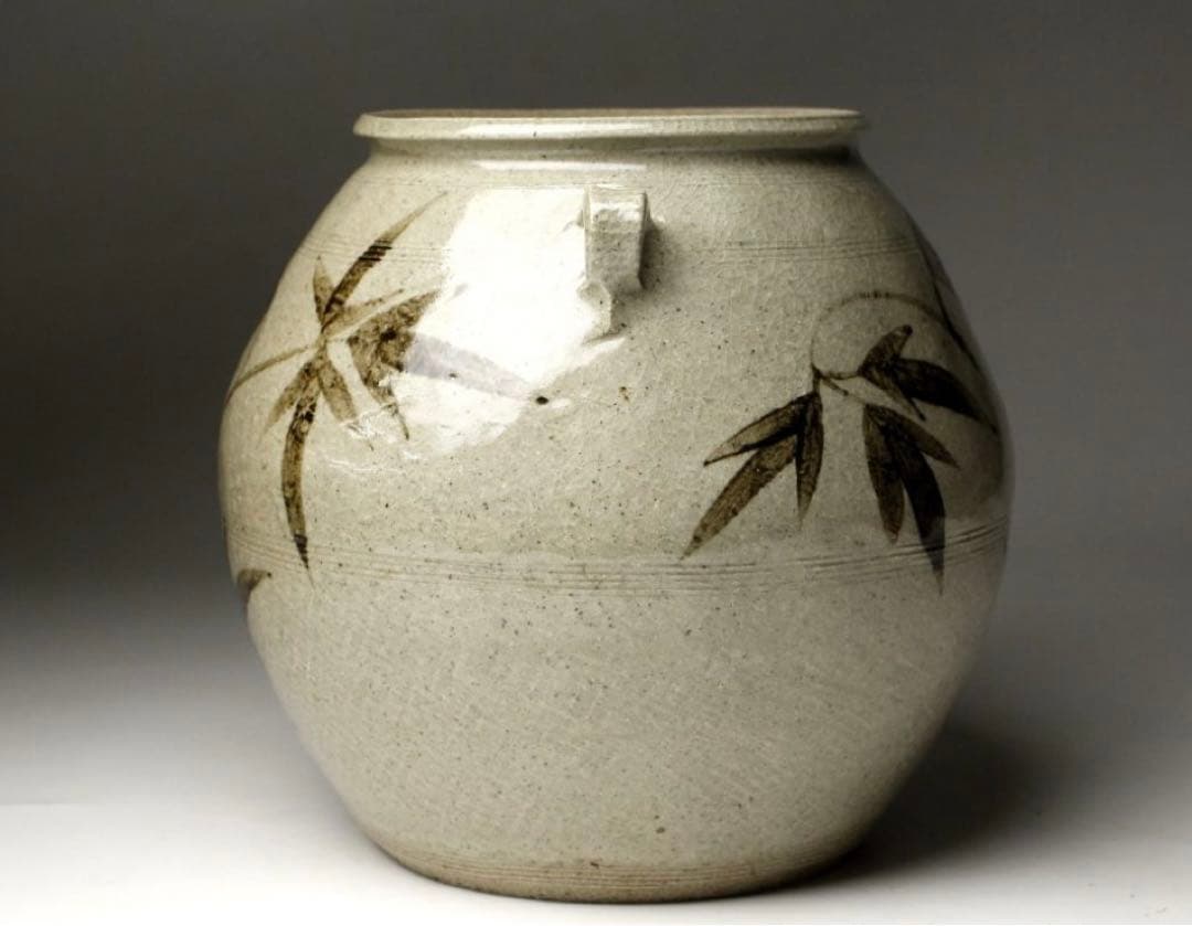 十三代中里太郎右衛門(逢庵)作 叩き絵唐津 耳付竹文壷 21㎝ 平成七年 共箱