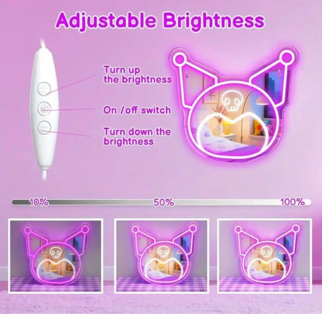 ネオン　クロミ　ミラー　LED 壁掛け鏡　調光可能　USB給電　かわいい