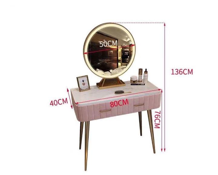 オシャレドレッサー　ベロア調デスク引き出し1杯LEDミラー　椅子　棚4点セット