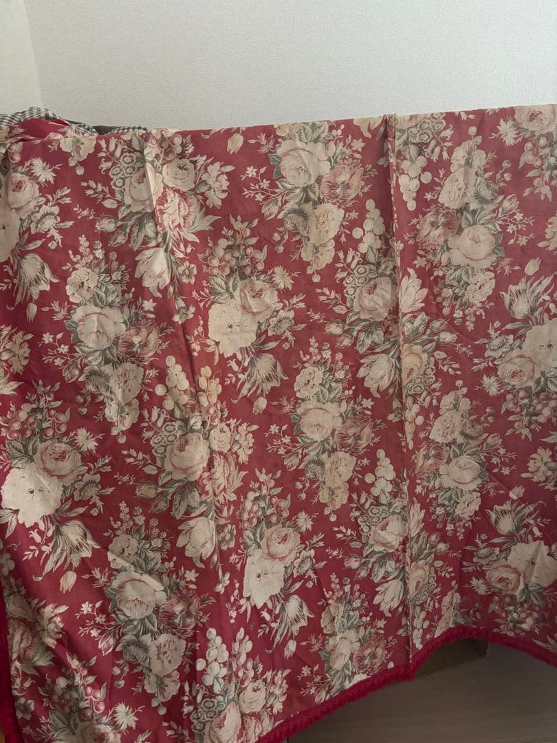 赤い花柄フリンジ付き クロス ファブリック アンティーク フランスアンティーク