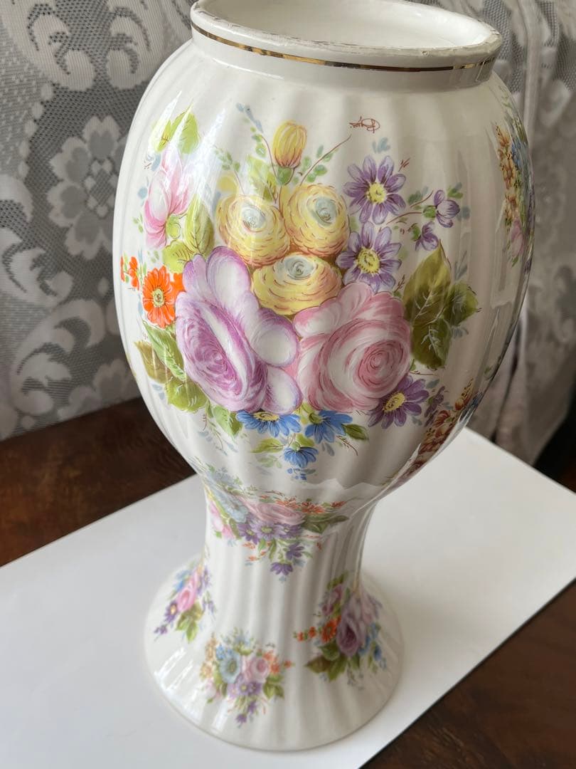 イタリア製　花びん　大型　磁器　セラミック　花模様　ビンテージ　36cm 美品