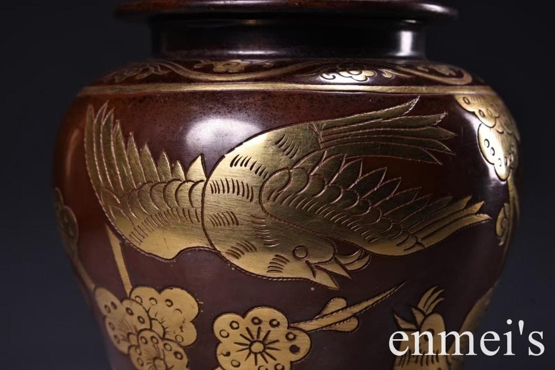 中国古美術・旧蔵鎏金の将軍罐・純手作り・純紫銅製・高浮彫・案頭・文房具・禮品