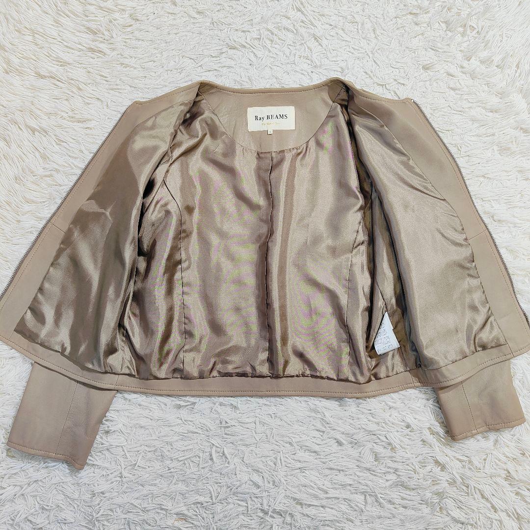 極美 ビームス ラムレザー 羊革 ノーカラー ライダースジャケット ベージュ 1