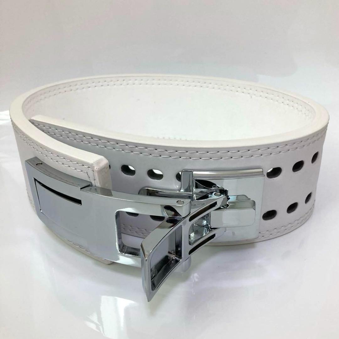 新品 パワーベルト レバーアクション Lサイズ 本革 白ベルト×光沢銀 可変式