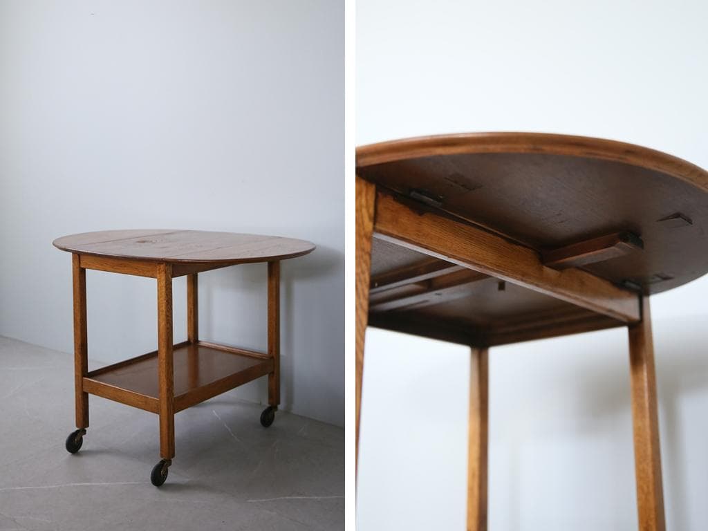 英国アンティーク木製ドロップリーフトロリーテーブル/収納式机ワゴン(91-179