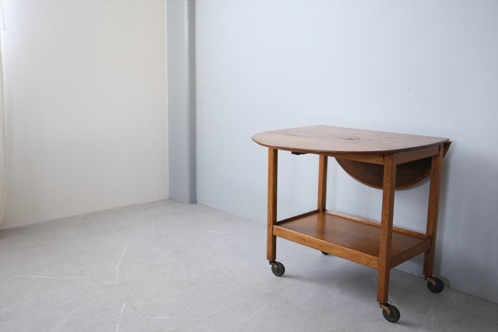 英国アンティーク木製ドロップリーフトロリーテーブル/収納式机ワゴン(91-179