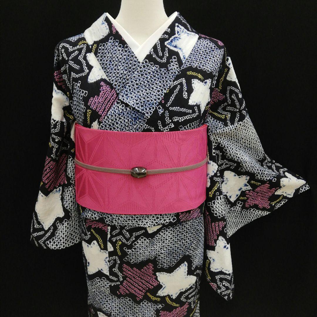 有松鳴海絞り 浴衣　(楓紋様　未使用しつけ糸付　小サイズ　やや身幅広め　藍色)