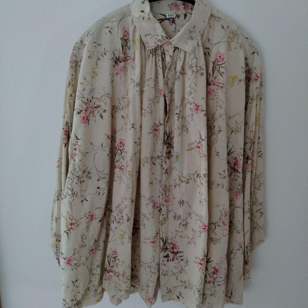 【美品】45R インドカディ森花プリントのくしゅくしゅブラウス／サイズ２