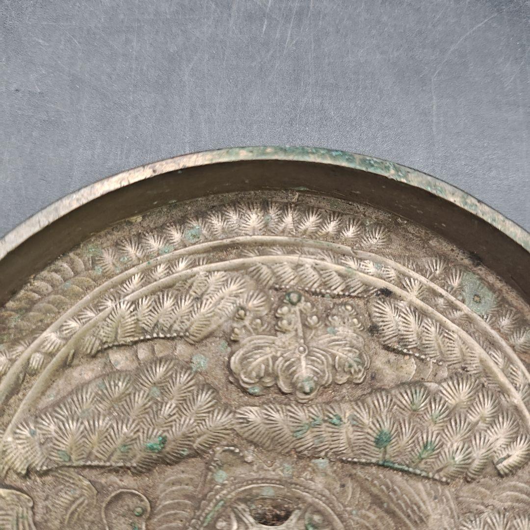 天下一銘　蓬菜鏡　鶴亀松文　古銅鏡　古美術　径約10.7cm×高さ約1.8cm