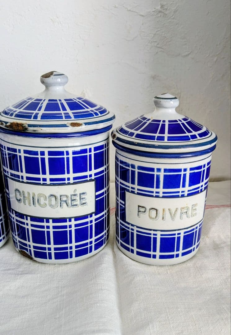 フランス BB社 ホーロー キャニスター フルセット青と白のチェック柄