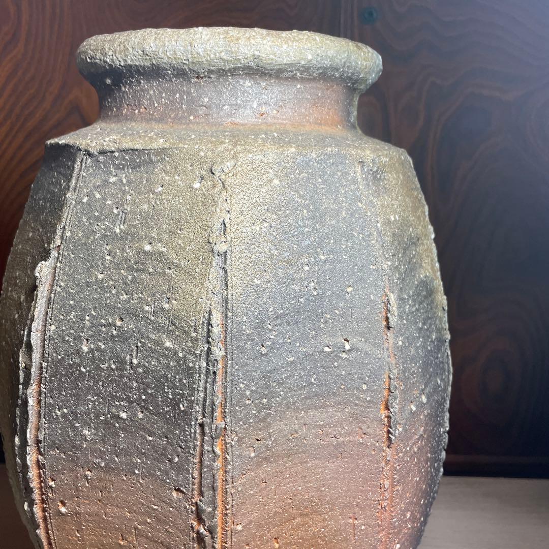 特大優品　人気陶芸家　神山清子　信楽自然釉面取花入　共箱