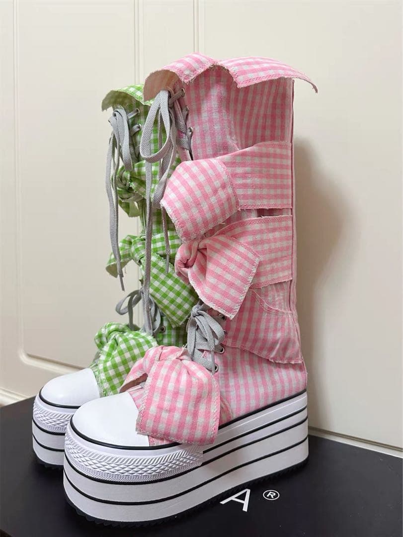 y2k 平成ギャル　ギンガムチェックリボン　ロングブーツ　リボン厚底靴　00s