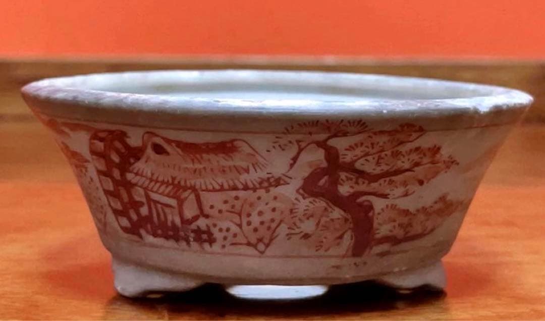 希少　赤絵山水図　九谷焼　ミニ盆栽鉢　盆栽鉢　盆栽小鉢　鉢　植木鉢　盆栽
