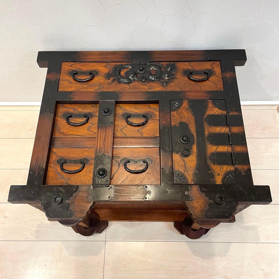 【希少】時代箪笥 車箪笥 和箪笥 龍金具 無垢材 民芸家具 レトロ アンティーク