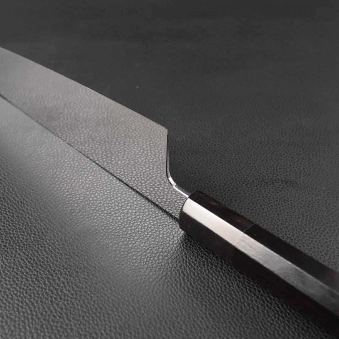 11038牛刀7寸家庭用 業務用 刺身包丁 鏡面仕上げ 両刃 黒檀黒水牛角八角柄