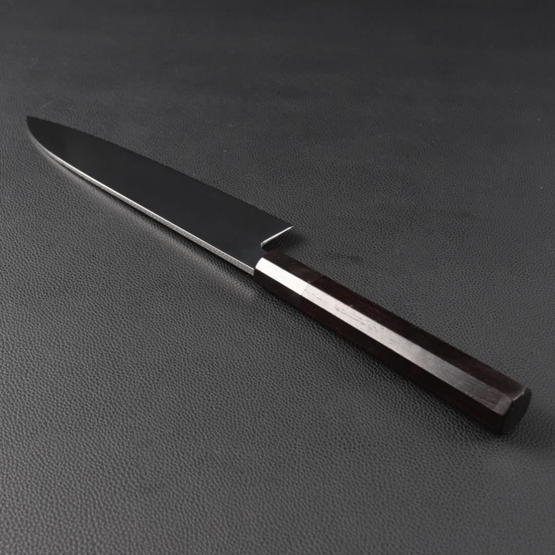 11038牛刀7寸家庭用 業務用 刺身包丁 鏡面仕上げ 両刃 黒檀黒水牛角八角柄