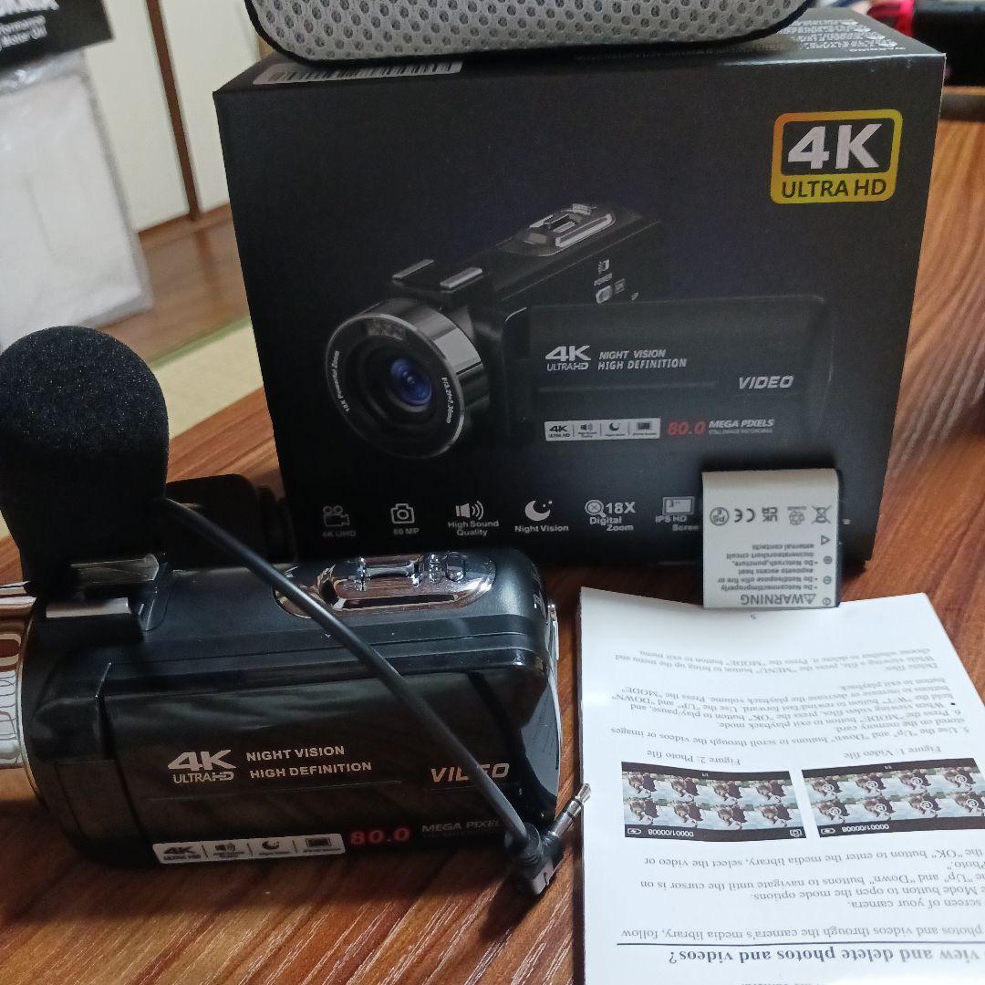 <新品>4Kナイトビジョンビデオカメラ本体　電池　外付けマイク付き