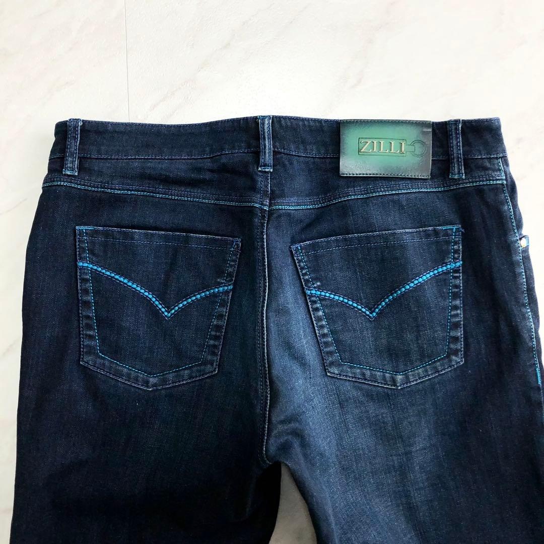 【美品 希少】ZILLI デニム パンツ ストレッチ 濃紺 総柄 レザー 48