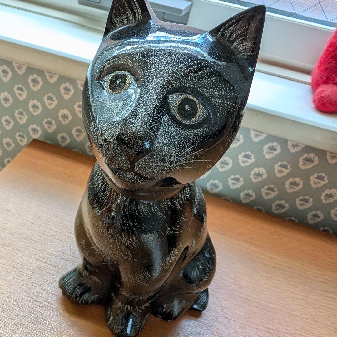猫　置物　オブジェ　御影石　希少　黒猫　ガーデニング雑貨　北欧