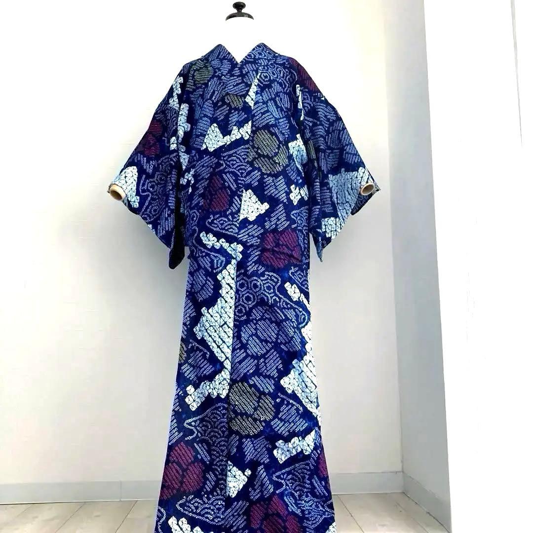 有松鳴海絞り・蜘蛛絞り浴衣　未使用しつけ付　手縫い　絞り浴衣　大輪花模様　N85