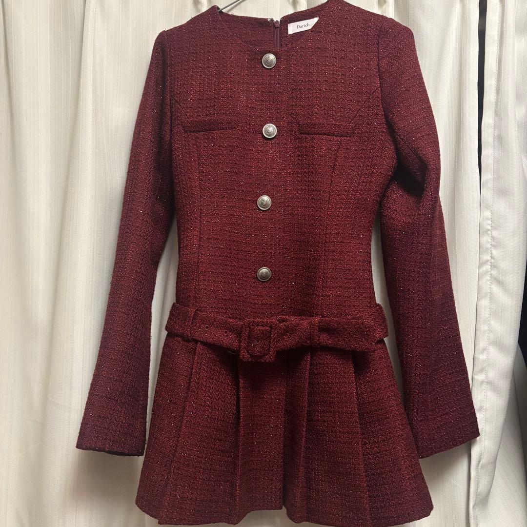 ダーリッチ ボックスプリーツツイードミニワンピース 赤