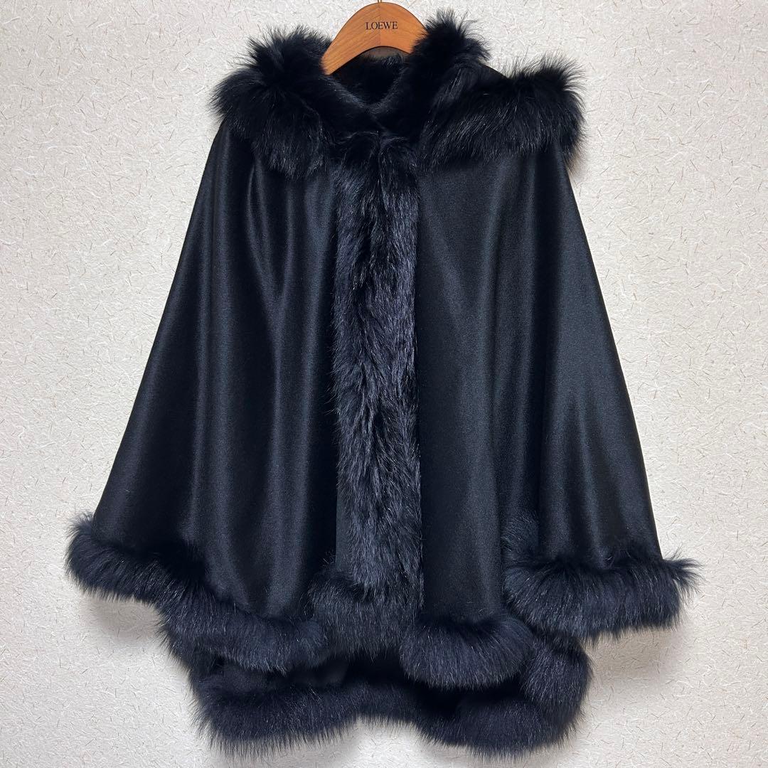 高級 Renato カシミヤ100 フォックスファー ポンチョ ブラック