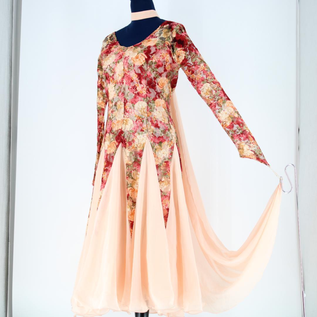 【社交ダンス衣装】ピンク パープル ワンピース ドレス レース チョーカー 花柄