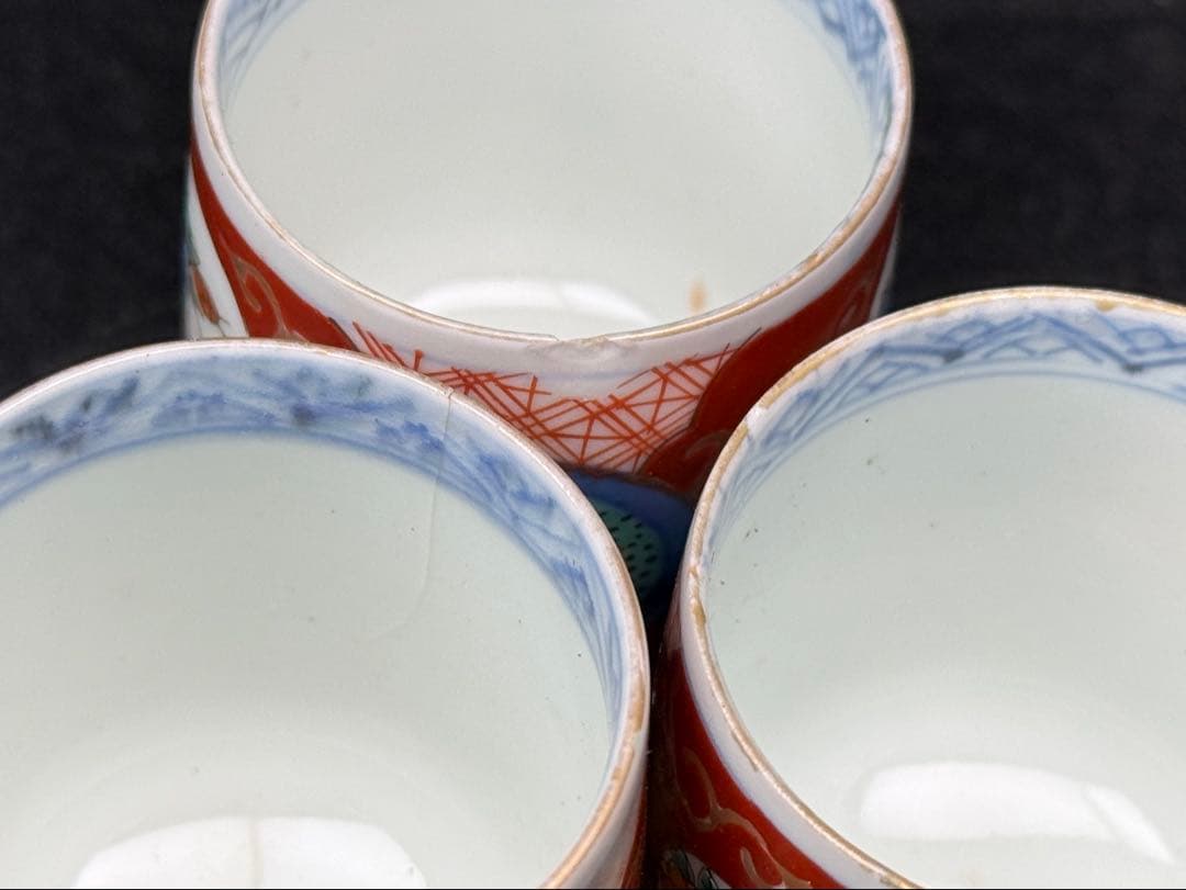 古伊万里 錦手 窓絵草花文 覗 17客 無傷 明治 小猪口 のぞき ぐい呑 煎茶