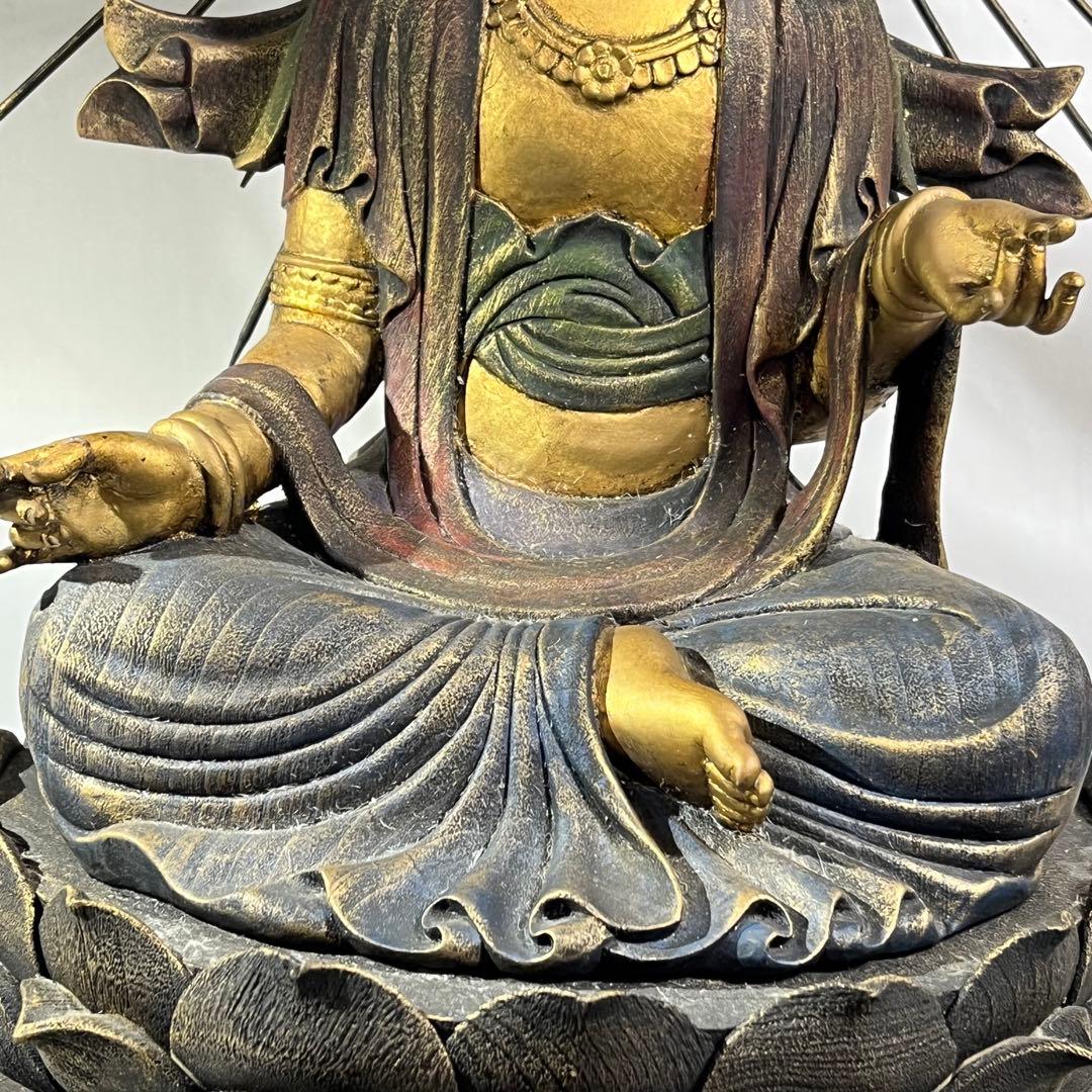 木彫り 観音 楠彫 仏像 戴元偉作 願掛け観音 東京書芸館 古色金彩仕上げ