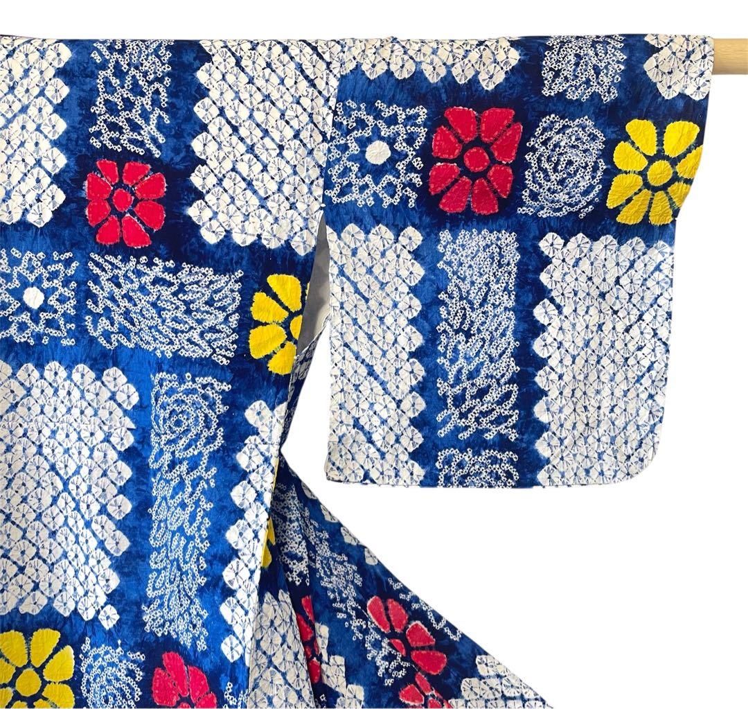 □夏涼浴衣　有松総絞り　可愛い花柄　身丈約159cm