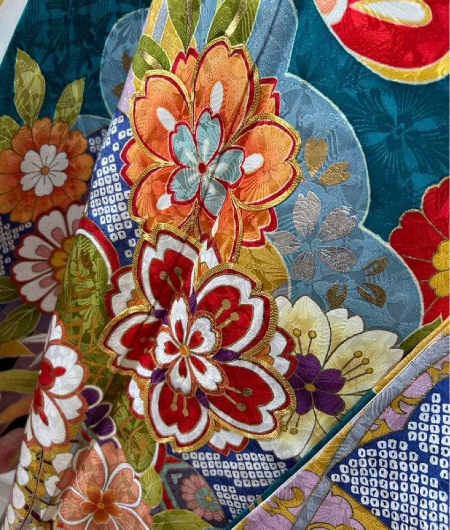 振袖フルセット　華やかな花柄　青ブルー系　古典柄