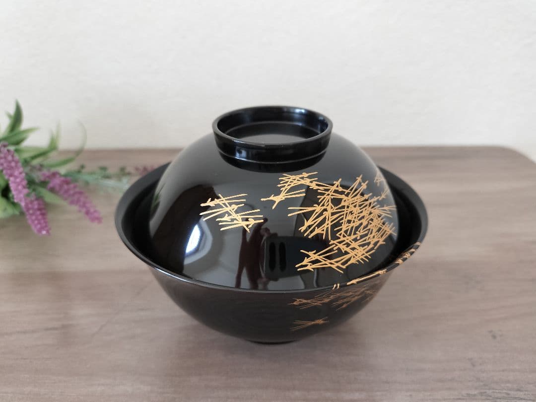 輪島塗 黒色漆器 蓋付汁椀　5客セット 松葉 金彩模様 桐箱付き