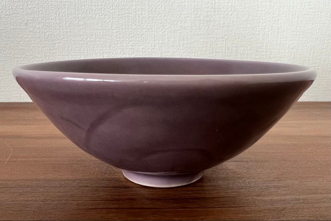 天神窯 紫欣釉茶碗 岡本欣三 作 茶道具 箱有 共布有 藤紫色 希少