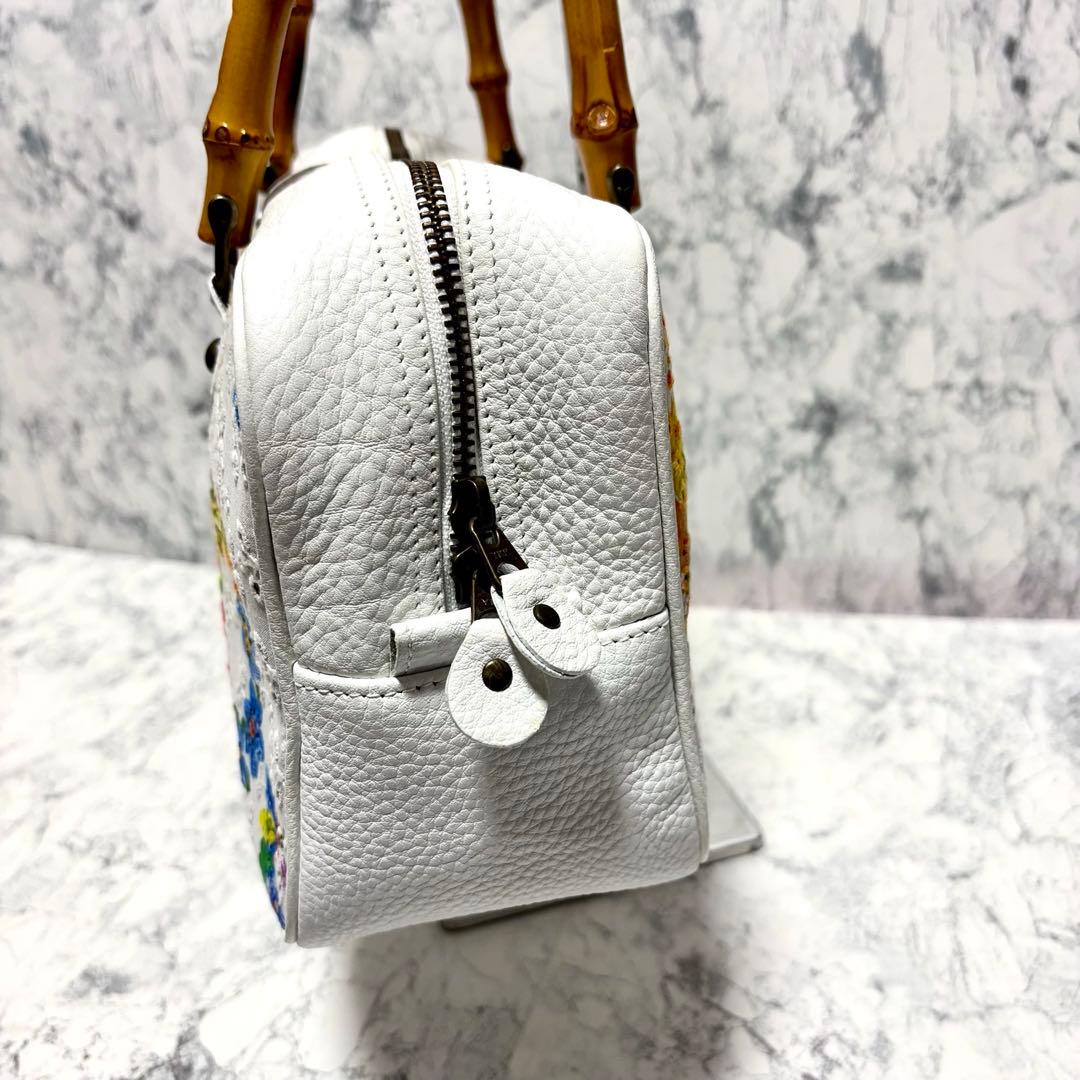 【極美品】タマオユゲ　弓削珠緒　ハンドバッグ　バンブー　ホワイト　花柄　希少