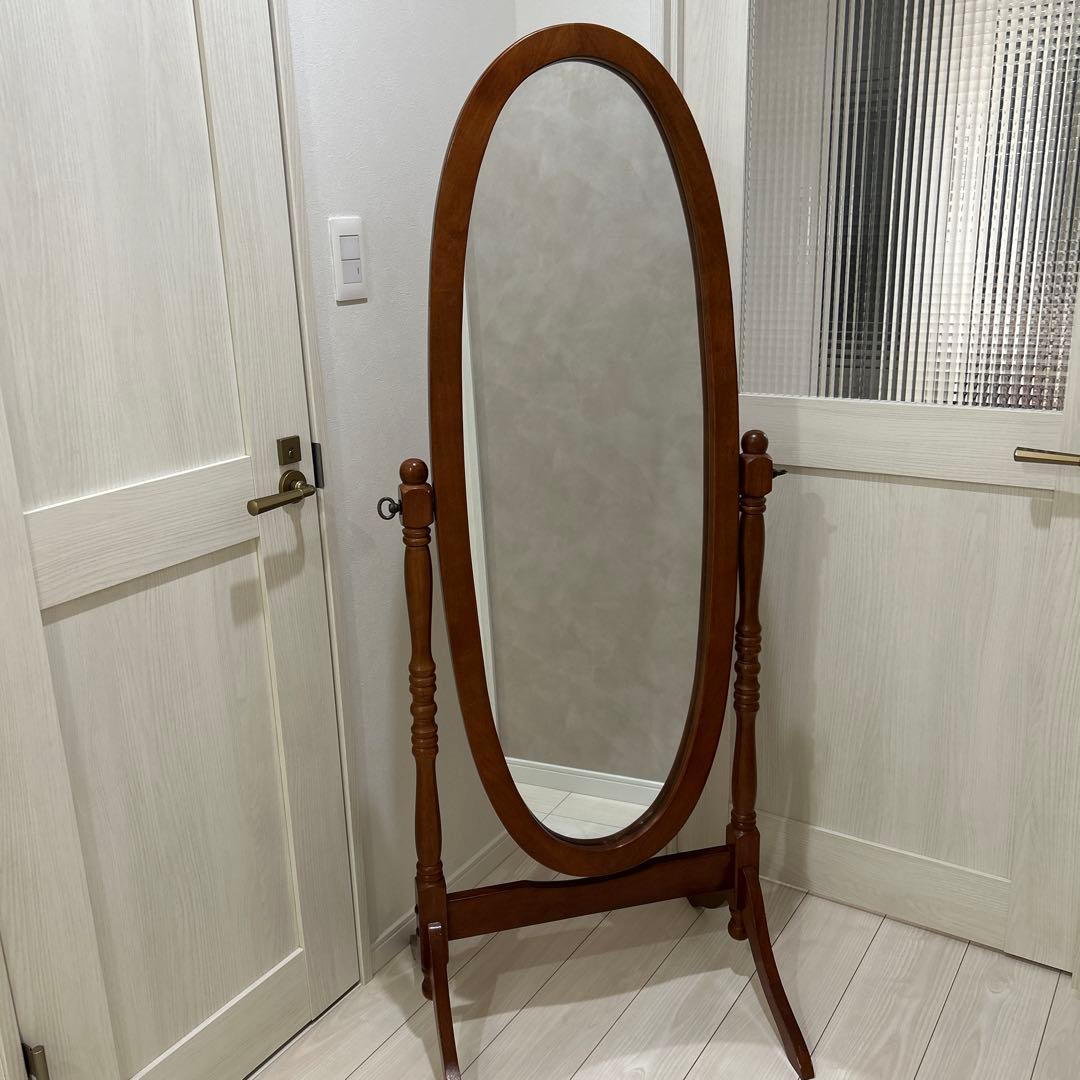 アンティーク調　スタンドミラー・ 姿見・木製・楕円形