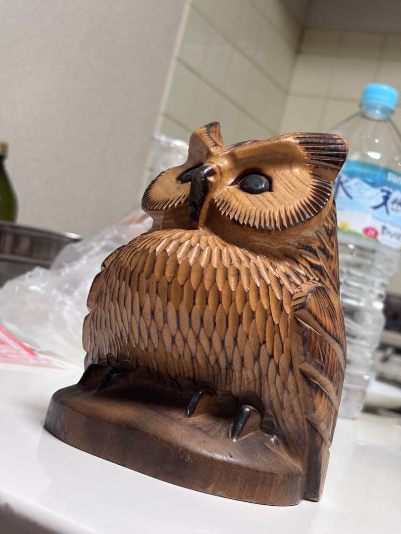 木製フクロウ彫刻 約15cm