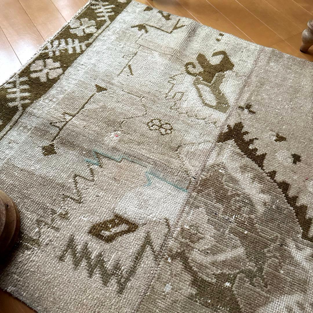 71×124ウール　ベージュ×ブラウン　パッチワーク　トルコヴィンテージラグ