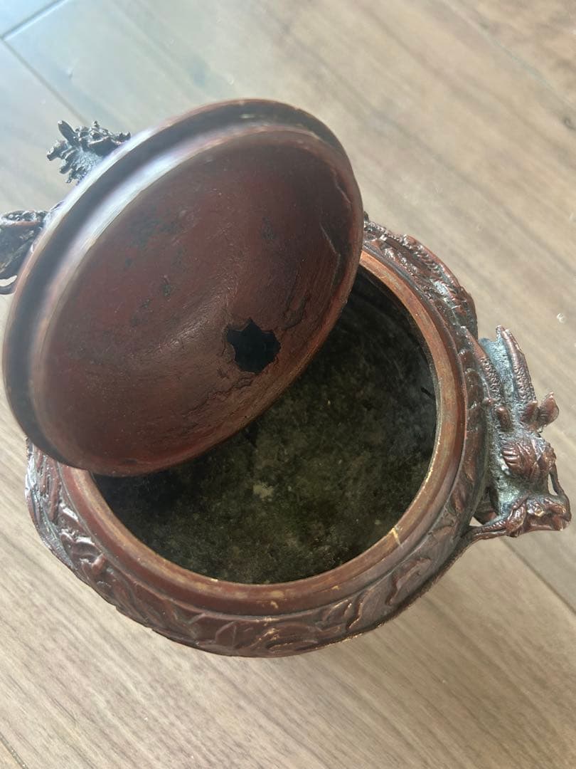 米田秀保 造 鋳銅製 蝋型 麒麟摘 雲龍地文細密彫 三足香炉 茶道具 香道具