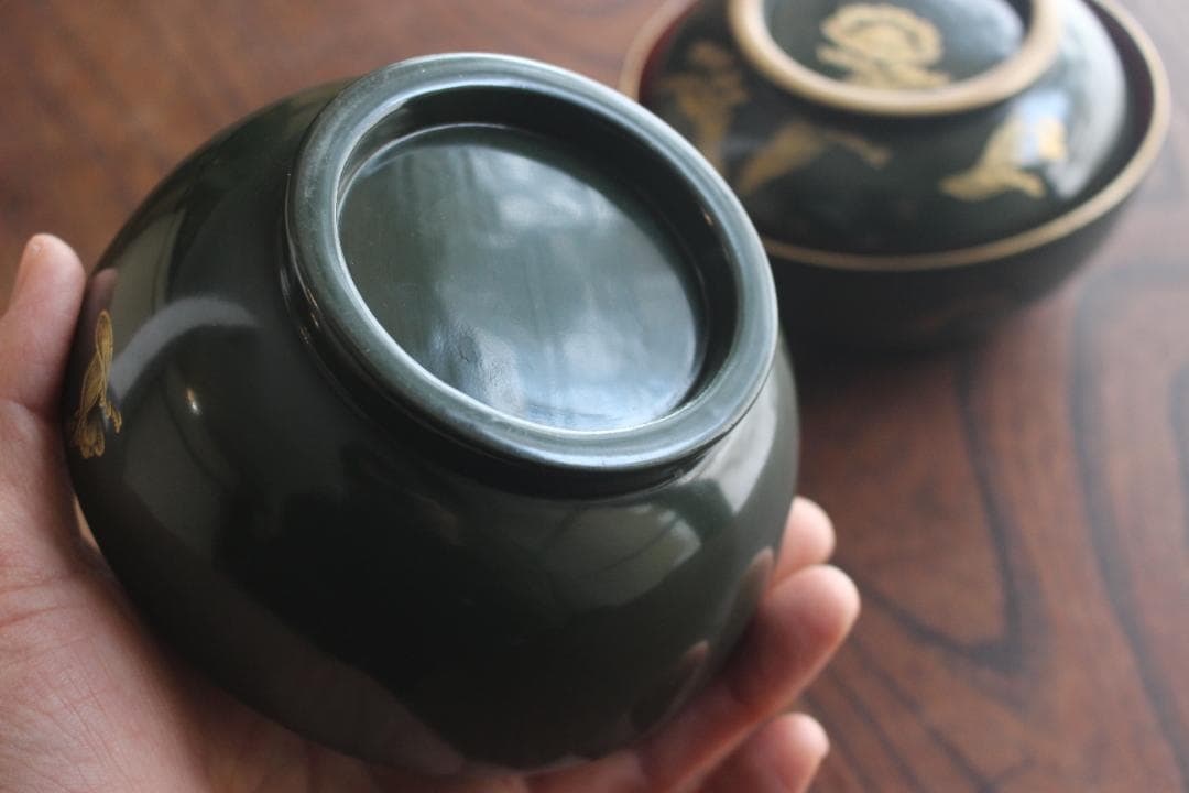 小傷有！時代青塗りに優美な福寿草沈金の煮物椀2点（検輪島塗蒔絵椀沈金椀雑煮椀