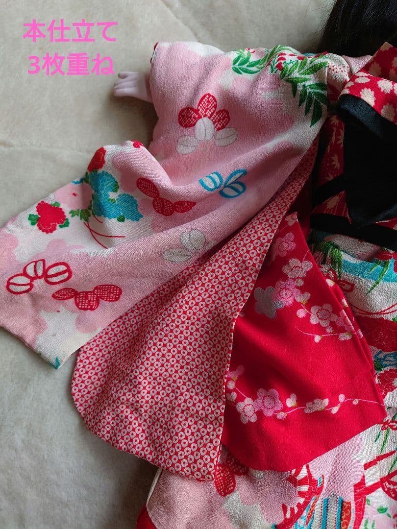 市松人形　お振り袖　着物と帯のセット　縮緬　古布　袷　本仕立て　15号52cm用