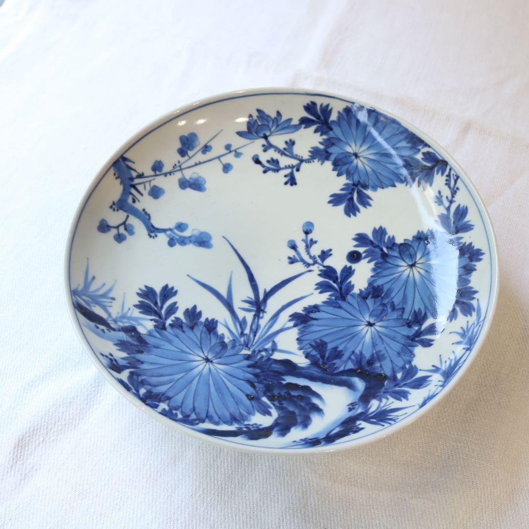 時代　染付の美しき四君子　高台皿　明治プレート盛皿大皿（骨董古美術古伊万里鍋島焼