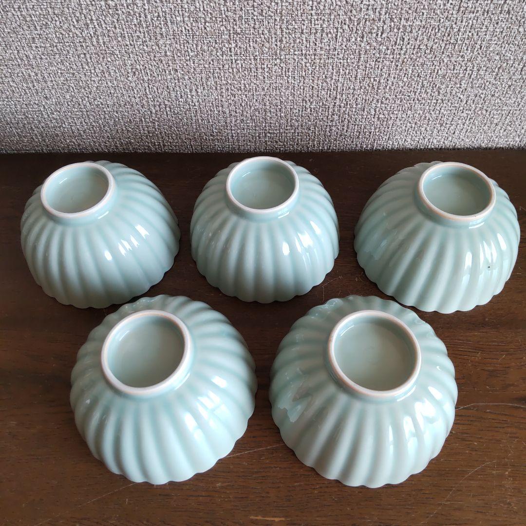【菊型】清水焼　京焼　蓋つき煮物椀 5個セット 青磁色