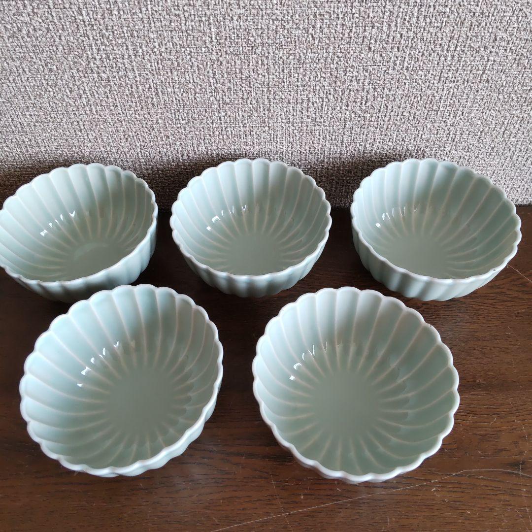 【菊型】清水焼　京焼　蓋つき煮物椀 5個セット 青磁色