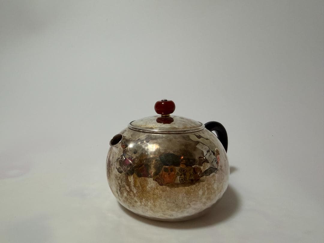 純銀製 玉石摘 丸形 急須 銀瓶 煎茶道具