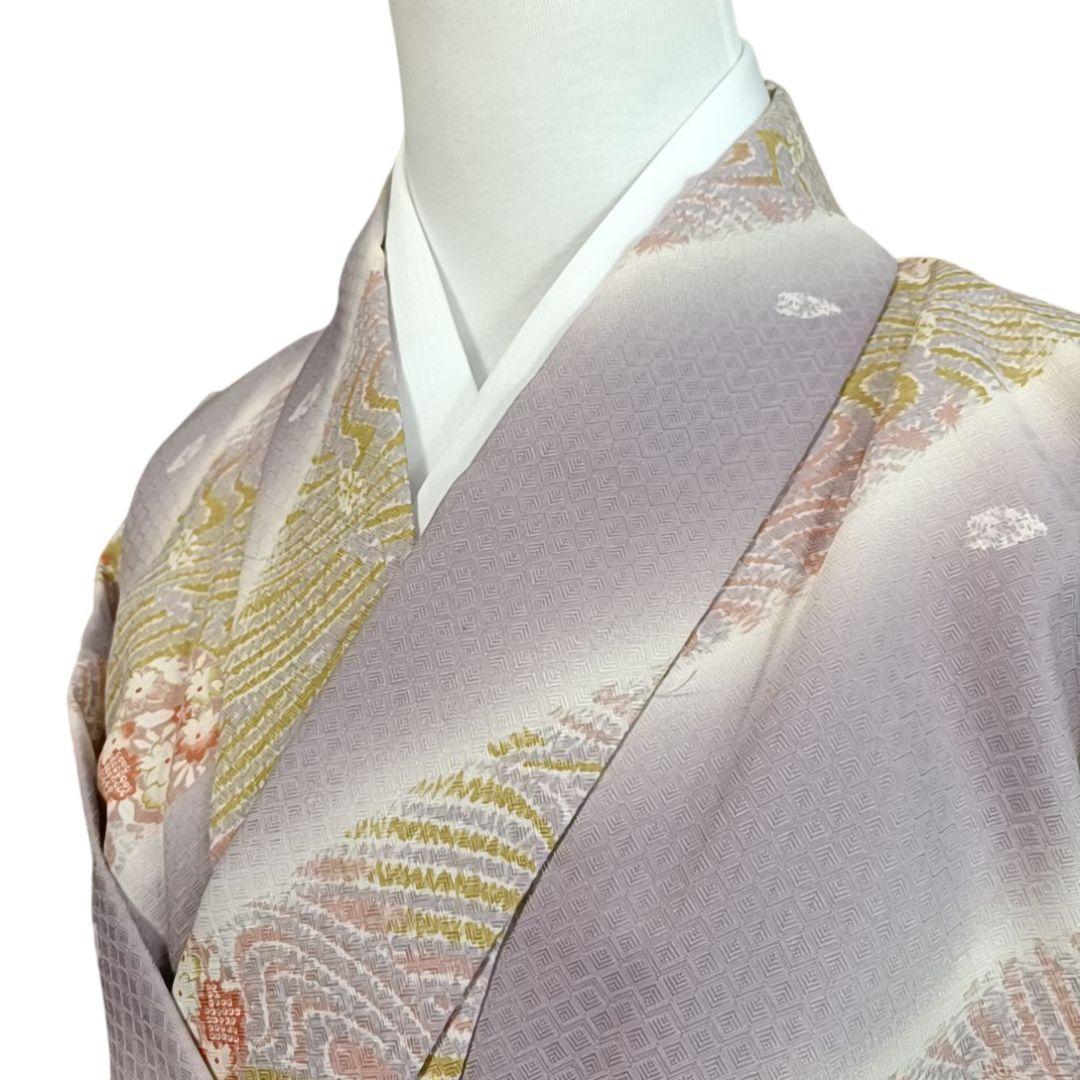 ち*ぃ様 610 華 単衣 着物 小紋 地紋 花 しぼり調 丸に花 紫 白