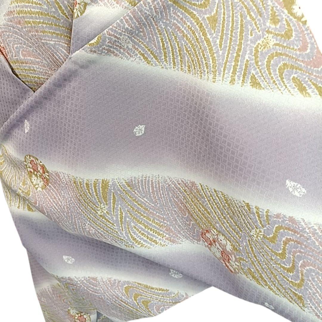 ち*ぃ様 610 華 単衣 着物 小紋 地紋 花 しぼり調 丸に花 紫 白